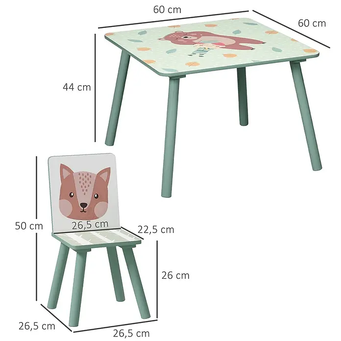 Zonekiz Kindertisch Grün 60cm x 60cm x 44cm -  - Hellgrünes Kindertisch- und Stuhlset mit Bären- und Fuchsmuster. Tisch: 60x60x44 cm, Stuhl: 26,5x26,5x50 cm.