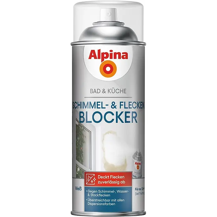 Alpina Wandfarbe Schimmel- & Fleckenblocker - Weiß, 400 l - Alpina Schimmel- & Flecken Blocker Sprühdose, silberfarben, für Bad & Küche. Deckt Flecken ab und ist überstreichbar.