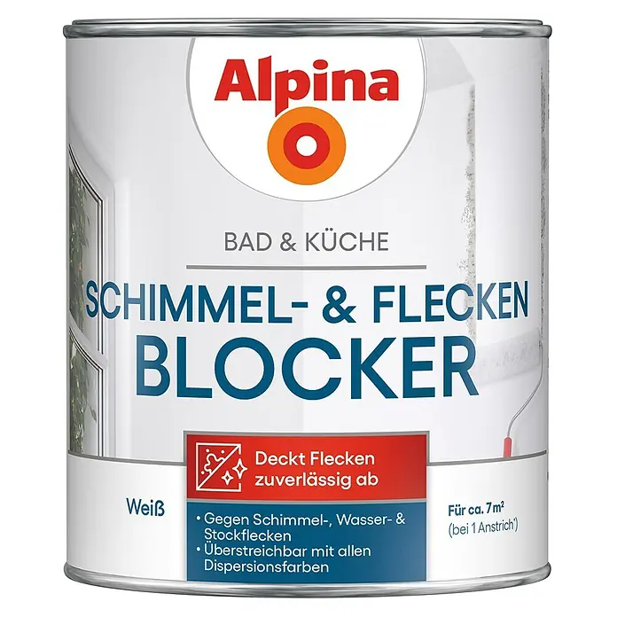 Alpina Wandfarbe Schimmel- & Fleckenblocker - Weiß, Seidenglänzend, 750 l - Alpina Bad & Küche Schimmel- und Flecken-Blocker Farbe in einer weißen Dose.