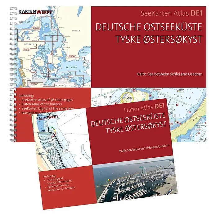 SeeKarten Atlas DE1 | Deutsche Ostseeküste -  - Spiralgebundener Seekartenatlas mit dunkelrotem Einband, der die deutsche Ostseeküste zwischen Schlei und Usedom detailliert darstellt.