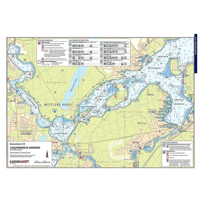 BinnenKarten Atlas 3 | Berlin und Brandenburg -  - Flusskarte (Binnenkarte 3.15) von Jungfernsee & Wannsee, Mittlere Havel, mit Navigationsdetails, Tiefen, Geschwindigkeitsbegrenzungen und Marinas.
