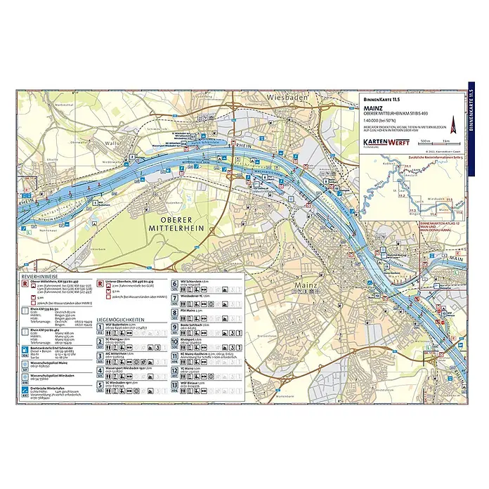 BinnenKarten Atlas 11 | Oberrhein und Neckar -  - Detaillierte Binnenwasserstraßenkarte des Rheins bei Mainz und Wiesbaden mit Navigationsinformationen und Topographie.