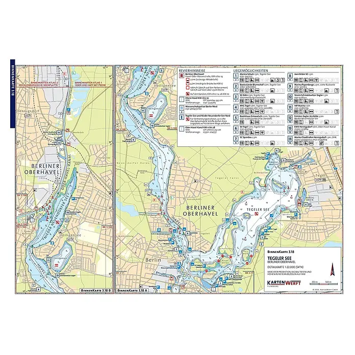 BinnenKarten Atlas 3 | Berlin und Brandenburg -  - Seekarte 3.18 des Tegeler Sees und der Berliner Oberhavel mit Navigationsdetails, Tiefen und interessanten Orten für Bootsfahrer.
