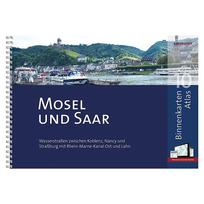 BinnenKarten Atlas 10 | Mosel und Saar -  - Dunkelblauer Spiralatlas „Mosel und Saar“ für Wasserstraßen, zeigt Flusslandschaft mit Burg auf dem Cover.