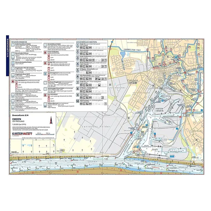 BinnenKarten Atlas 8 | Ems und Friesland -  - Detaillierte Binnenkarte von Emden, zeigt Wasserwege, Schleusen, Brücken und Liegemöglichkeiten mit spezifischen Navigationsinformationen.