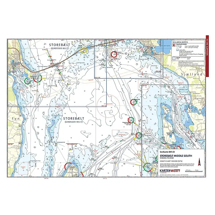 SeeKarten Atlas DK1 | Aarhus & Fünen -  - Seekarte Storebælt Mitte Süd, zeigt Tiefen, Navigationsrouten und Seezeichen für sichere Fahrt.