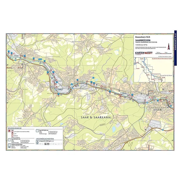 BinnenKarten Atlas 10 | Mosel und Saar -  - Detaillierte nautische Karte "BINNENKARTE 10.25 SAARBRÜCKEN" des Saarflusses und Kanals von KM 70 bis 86 mit Städten und Navigationsinformationen.