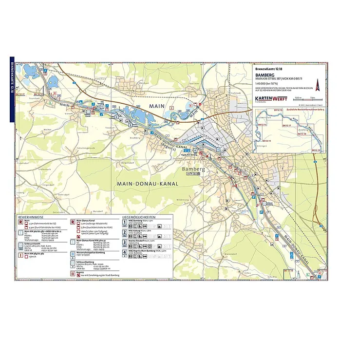 BinnenKarten Atlas 12 | Main und Main-Donau-Kanal -  - Detaillierte Navigationskarte von Bamberg, zeigt Main, Main-Donau-Kanal und Regnitz mit Schleusen, Marinas und Kilometerangaben.