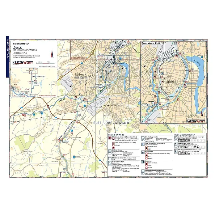 BinnenKarten Atlas 4 | Elbe - Hamburg -  - Binnen Seekarte 4.24 für Lübeck, zeigt den Elbe-Lübeck-Kanal und die Trave mit Navigationsinfos, Brücken und Marinas.