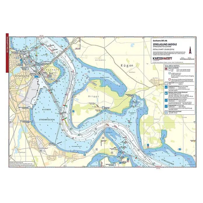 SeeKarten DE1.45/DE1.46 | Strelasund West / Strelasund Mitte -  - Seekarte DE1.46 Strelasund Mitte Stralsund bis Gustow, mit Tiefen, Navigationshilfen und wichtigen Wasserstraßeninformationen.