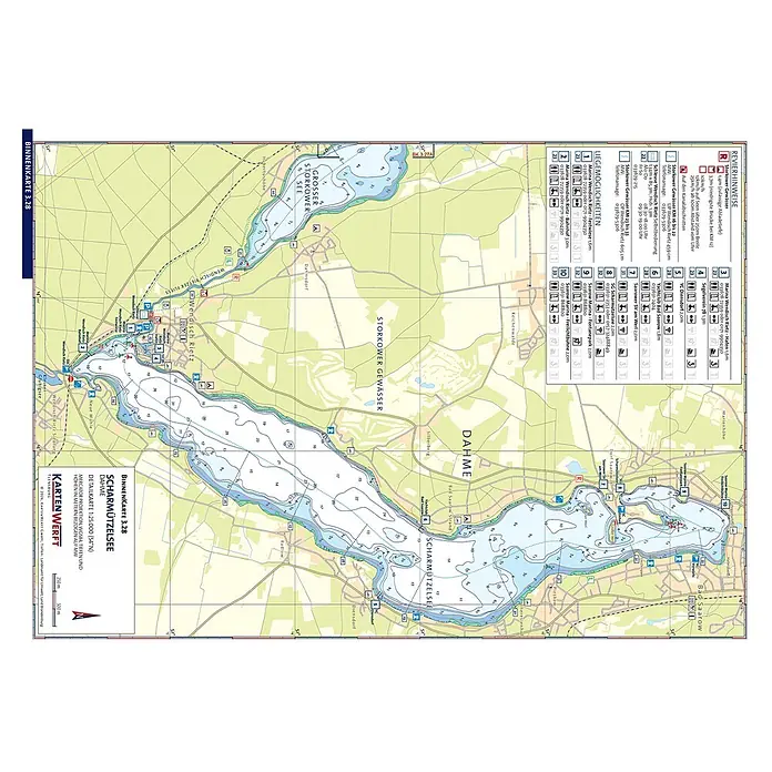BinnenKarten Atlas 3 | Berlin und Brandenburg -  - Nautische Karte des Scharmützelsees und Storkower Sees, Dahme, Deutschland, mit Tiefen, Navigation und POIs.