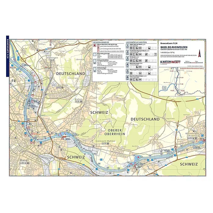 BinnenKarten Atlas 11 | Oberrhein und Neckar -  - Detaillierte Wasserkarte des Rheins von Basel bis Rheinfelden, mit Städten, Wasserwegen, Navigationsmarkierungen und Legenden zu Liegemöglichkeiten.