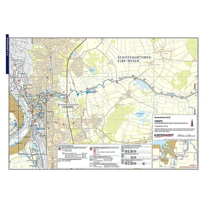 BinnenKarten Atlas 8 | Ems und Friesland -  - Detaillierte Seekarte des Geeste-Wasserwegs und Elbe-Weser-Kanals, mit Bremerhaven, Flüssen und Navigationsinfos.
