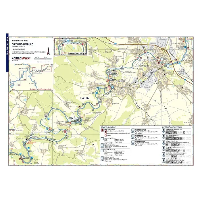 BinnenKarten Atlas 10 | Mosel und Saar -  - Binnenkarte der Lahn für Diez und Limburg mit Flussverlauf, Kilometrierung, Schleusen und nautischen Informationen.