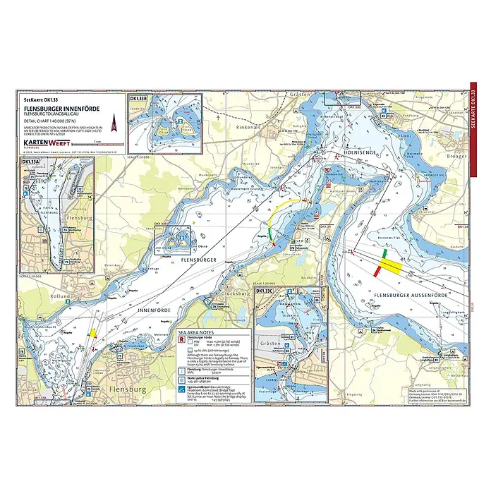 SeeKarten DK1.33/DK1.34 | Flensburger Innenförde / Flensburger Außenförde -  - Detaillierte Seekarte DK1.33 des Flensburger Innenförde, mit Tiefen, Navigationshilfen und Landmerkmalen für die Schifffahrt.