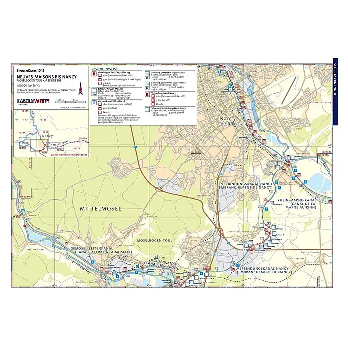 BinnenKarten Atlas 10 | Mosel und Saar -  - Detaillierte Binnenkarte der Moselschleife von Neuves-Maisons bis Nancy, mit Navigationsinformationen, Schleusen und Tiefenangaben.
