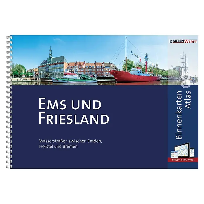 BinnenKarten Atlas 8 | Ems und Friesland -  - Spiralgebundener Atlas 'EMS UND FRIESLAND' in Dunkelblau, zeigt Stadtbild mit Booten, Fokus auf Binnenwasserstraßen und digitale Karten.