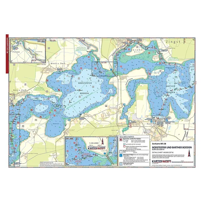 SeeKarten Atlas DE1 | Deutsche Ostseeküste -  - Detaillierte Seekarte der Bodstedter und Barther Bodden mit Tiefen, Navigationshilfen und Wasserwegen zur Navigation.