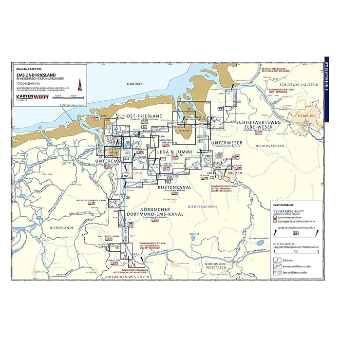 BinnenKarten Atlas 8 | Ems und Friesland -  - Detaillierte Seekarte „Binnenkarte 8.0 Ems und Friesland“ mit Wasserwegen und Navigationsdaten in Norddeutschland und den Niederlanden.