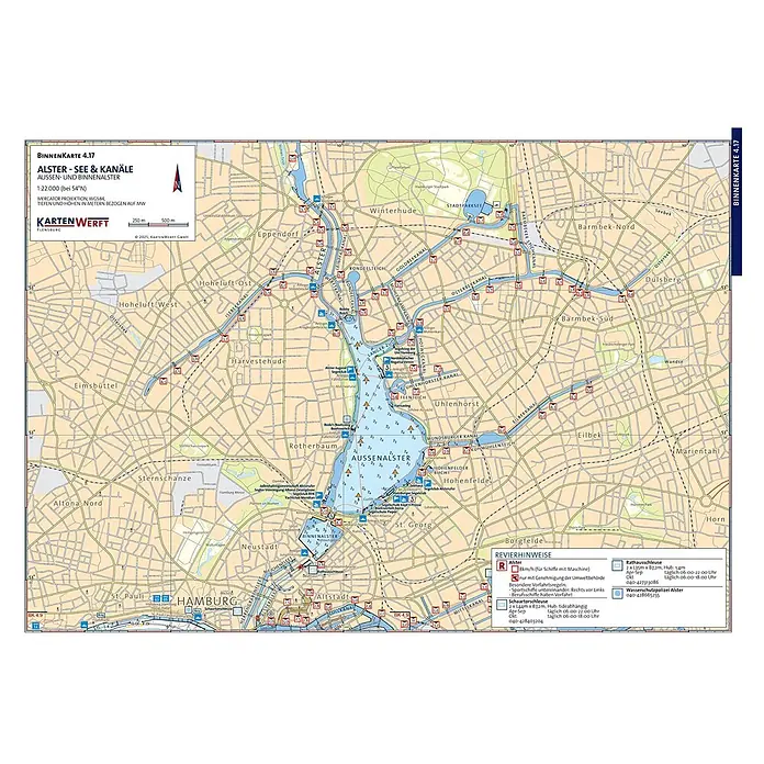 BinnenKarten Atlas 4 | Elbe - Hamburg -  - Detaillierte Navigationskarte der Hamburger Alster und Kanäle, mit Tiefen, Geschwindigkeitsbegrenzungen und Navigationsinfos.