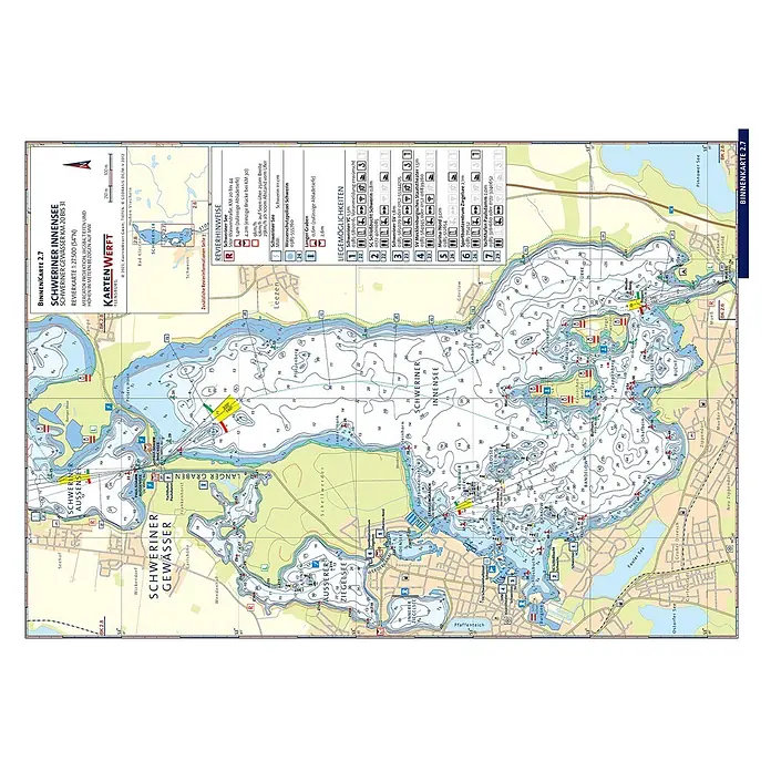 BinnenKarten 2.7/2.8 | Schweriner Innensee / Schweriner Außensee -  - Nautische Karte des Schweriner Sees und seiner Gewässer mit Tiefenangaben, Navigationsdetails und einer umfassenden Legende.