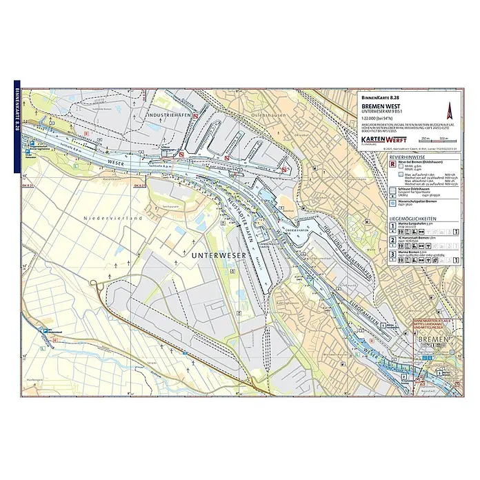 BinnenKarten Atlas 8 | Ems und Friesland -  - Detaillierte Seekarte von Bremen West und der Unterweser, zeigt Wasserwege, Häfen, Tiefen und Navigationsinformationen.