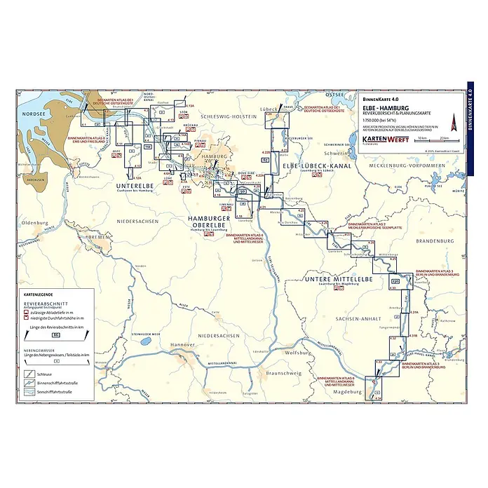 BinnenKarten Atlas 4 | Elbe - Hamburg -  - Navigations- und Planungskarte der Elbe-Region von Cuxhaven bis Magdeburg mit Wasserstraßen, Tiefen und Durchfahrtshöhen.