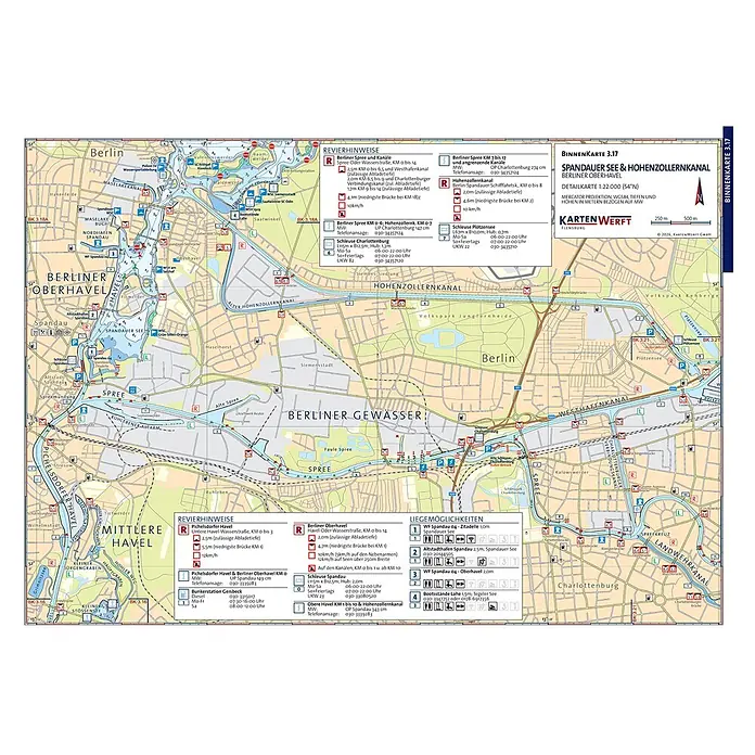 BinnenKarten 3.17/3.18 | Spandauer See & Hohenzollernkanal / Tegeler See -  - Seekarte von Berlins Spandauer See, Hohenzollernkanal und Berliner Oberhavel, mit Wasserstraßen, Revierhinweisen und Liegeplätzen.
