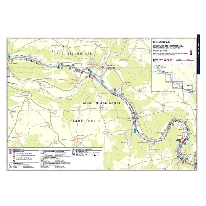 BinnenKarten Atlas 12 | Main und Main-Donau-Kanal -  - Navigationskarte des Main-Donau-Kanals von Dietfurt bis Riedenburg (KM 130-153) mit umliegender Landschaft, Orten und Schleusen.
