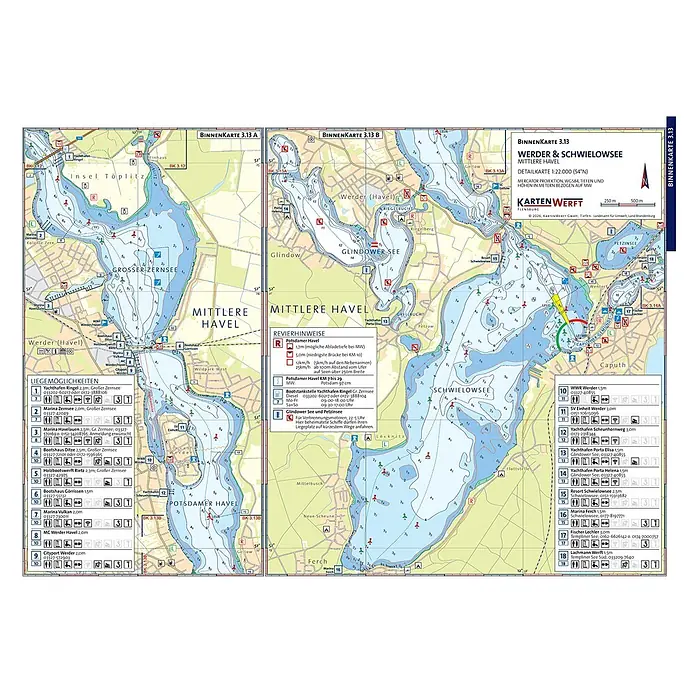 BinnenKarten Atlas 3 | Berlin und Brandenburg -  - Detaillierte Seekarte für Werder & Schwielowsee, Mittlere Havel, mit Tiefen und Navigationsinfos.