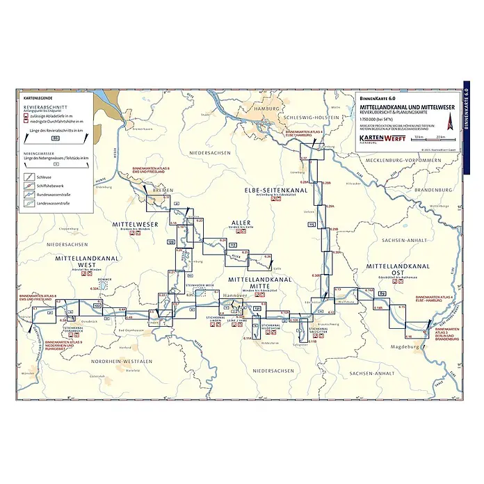 BinnenKarten Atlas 6 | Mittellandkanal und Mittelweser -  - Detaillierte Planungskarte des Mittellandkanals und der Mittelweser, mit Tiefen-, Höhen- und Längenangaben.