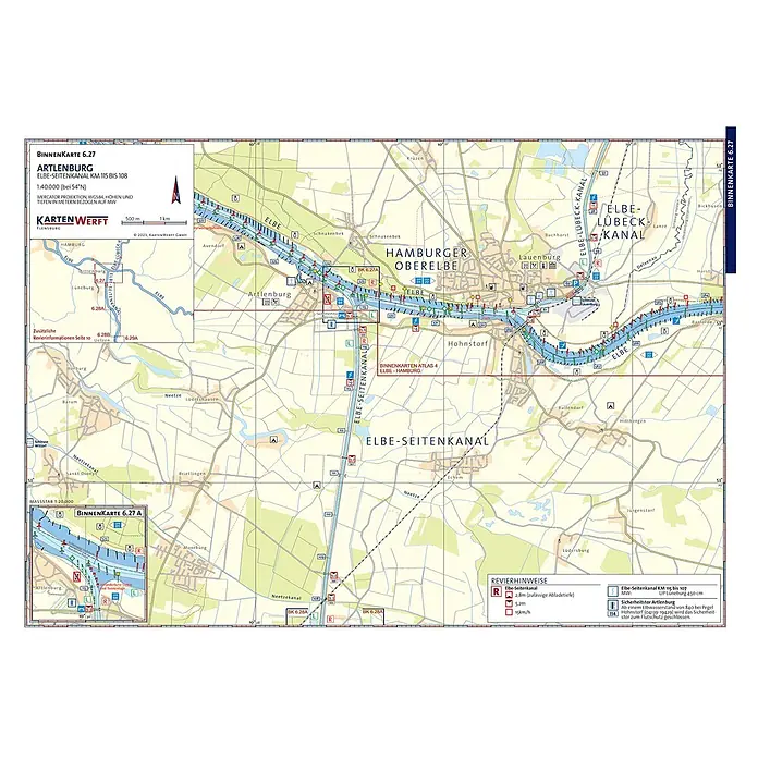 BinnenKarten Atlas 6 | Mittellandkanal und Mittelweser -  - Seekarte "Artlenburg" des Elbe-Seitenkanals, mit Navigationsdetails, Tiefenangaben und umliegenden Gebieten.
