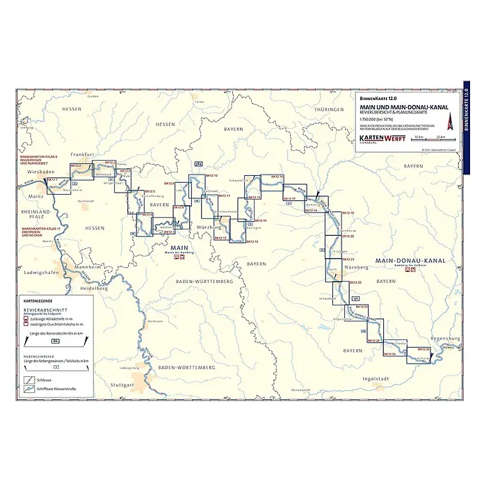 BinnenKarten Atlas 12 | Main und Main-Donau-Kanal -  - Karte des Mains und des Main-Donau-Kanals, mit Flussabschnitten, Tiefgängen, Durchfahrtshöhen und Wasserstraßen sowie Legende.