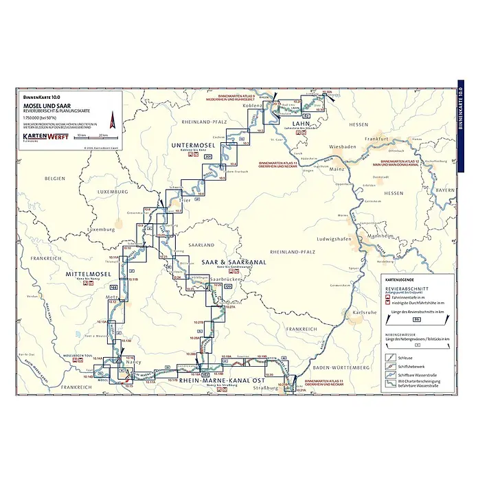 BinnenKarten Atlas 10 | Mosel und Saar -  - Detaillierte Navigationskarte der Mosel und Saar, mit Binnenwasserstraßen und Planungsinformationen für Deutschland, Frankreich und Luxemburg.