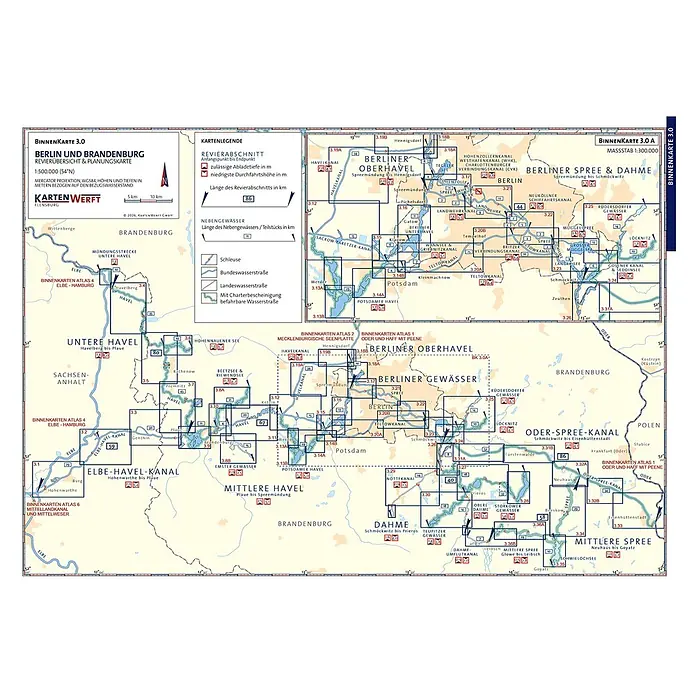 BinnenKarten Atlas 3 | Berlin und Brandenburg -  - Seekarte der Wasserwege Berlins und Brandenburgs, zeigt Routen, Tiefen und Durchfahrtshöhen.