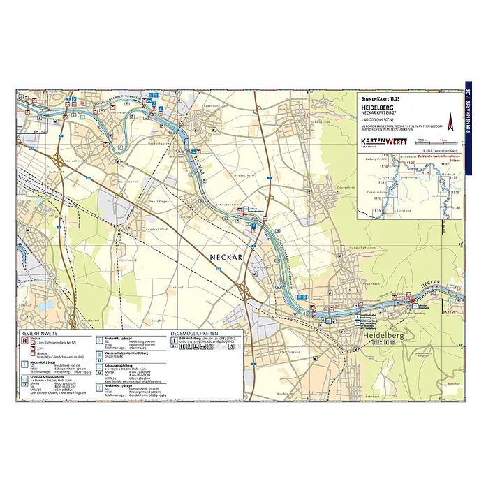 BinnenKarten Atlas 11 | Oberrhein und Neckar -  - Detaillierte Navigationskarte des Neckar um Heidelberg, zeigt Schleusen, Städte und Flussinformationen für Bootsfahrer.