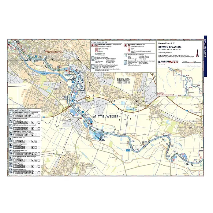 BinnenKarten Atlas 6 | Mittellandkanal und Mittelweser -  - Seekarte der Mittelweser von Bremen bis Achim, mit Flussdetails und Navigationsinformationen.