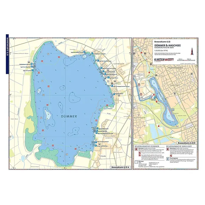 BinnenKarten 6.31/6.32 | Steinhuder Meer / Dümmer; Maschsee -  - Navigationskarte Dümmer & Maschsee, Seen in Niedersachsen, mit Tiefen und Küstenlinien sowie detaillierten Gewässerinformationen und Legenden.