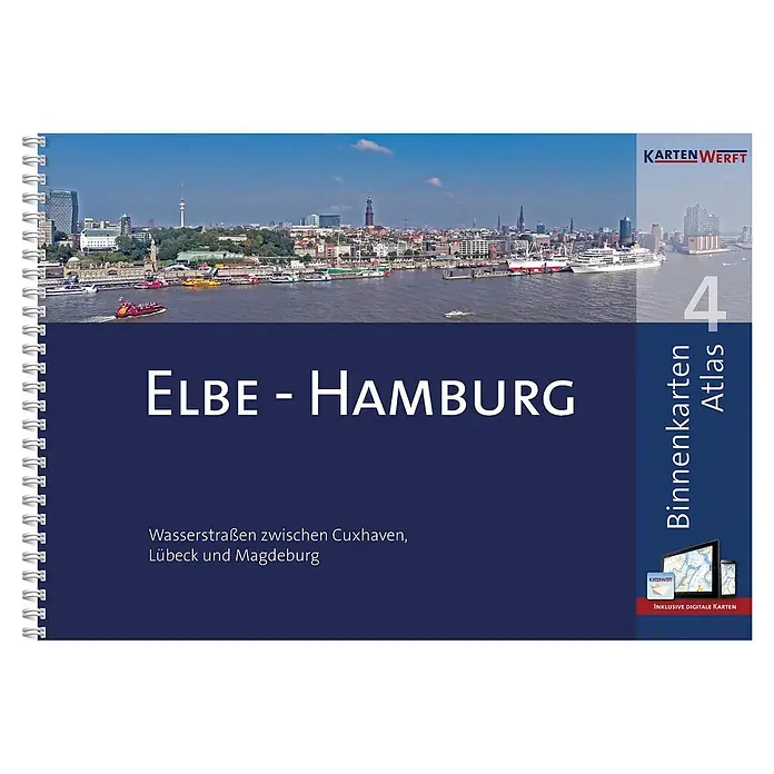 BinnenKarten Atlas 4 | Elbe - Hamburg -  - Blauer 'Elbe - Hamburg' Navigationsatlas für Wasserstraßen, spiralgebunden, mit Stadtfoto und Hinweis auf digitale Karten.