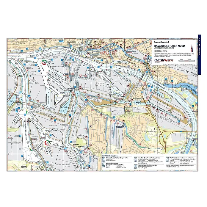 BinnenKarten Atlas 4 | Elbe - Hamburg -  - Detaillierte Seekarte des Hamburger Hafens mit Wasserstraßen, Tiefenlinien und Navigationshilfen.