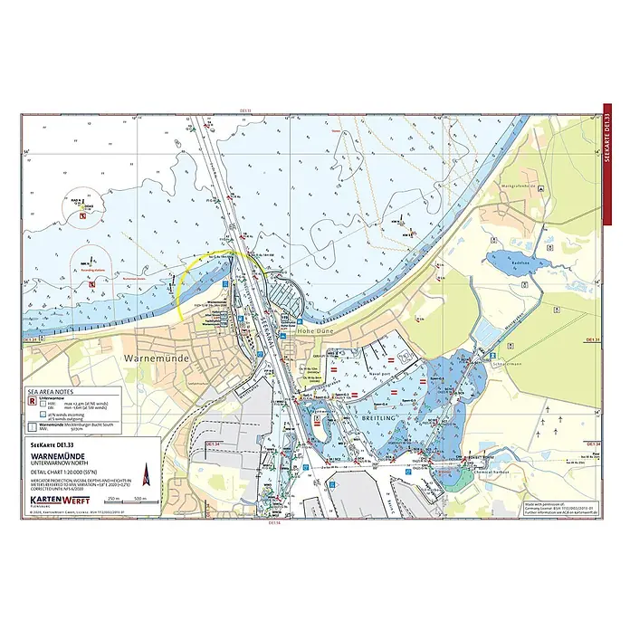 SeeKarten DE1.33/DE1.34 | Warnemünde / Rostock -  - Detaillierte Seekarte von Warnemünde mit Tiefen, Fahrwassern und Navigationshilfen im Flussmündungs- und Breitlinggebiet.