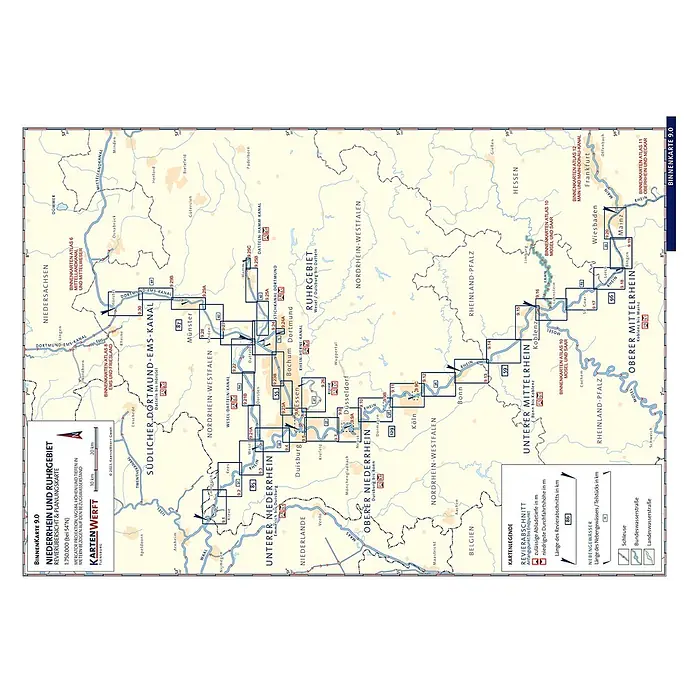 BinnenKarten Atlas 9 | Niederrhein und Ruhrgebiet -  - Detaillierte Navigationskarte von Niederrhein und Ruhrgebiet mit Flüssen, Kanälen, Tiefen, Höhen und Längen.