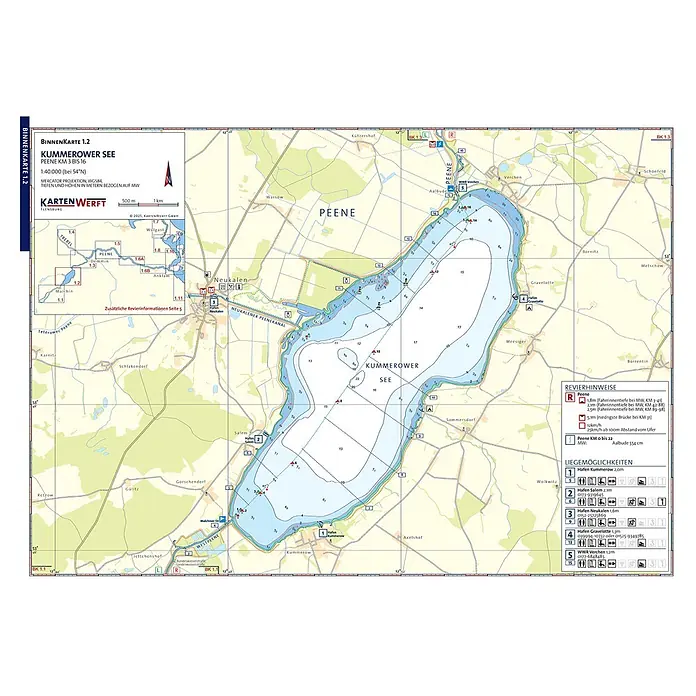 BinnenKarten Atlas 1 | Oder und Haff mit Peene -  - Nautische Karte des Kummerower Sees und der Peene, mit Tiefen, Fahrrinnen und Uferinformationen.