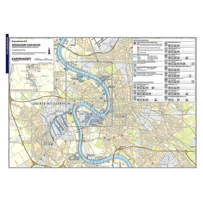 BinnenKarten Atlas 9 | Niederrhein und Ruhrgebiet -  - Seekarte Düsseldorf Neuss: Oberer Niederrhein, Rhein-km 752-731. Zeigt Tiefen, Brücken, Geschwindigkeiten, Liegemöglichkeiten.