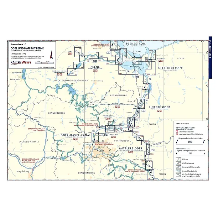 BinnenKarten Atlas 1 | Oder und Haff mit Peene -  - Detaillierte Wasserstraßenkarte von Oder, Haff und Peene, mit Navigationsrouten, Tiefen und Entfernungen für Deutschland und Polen.