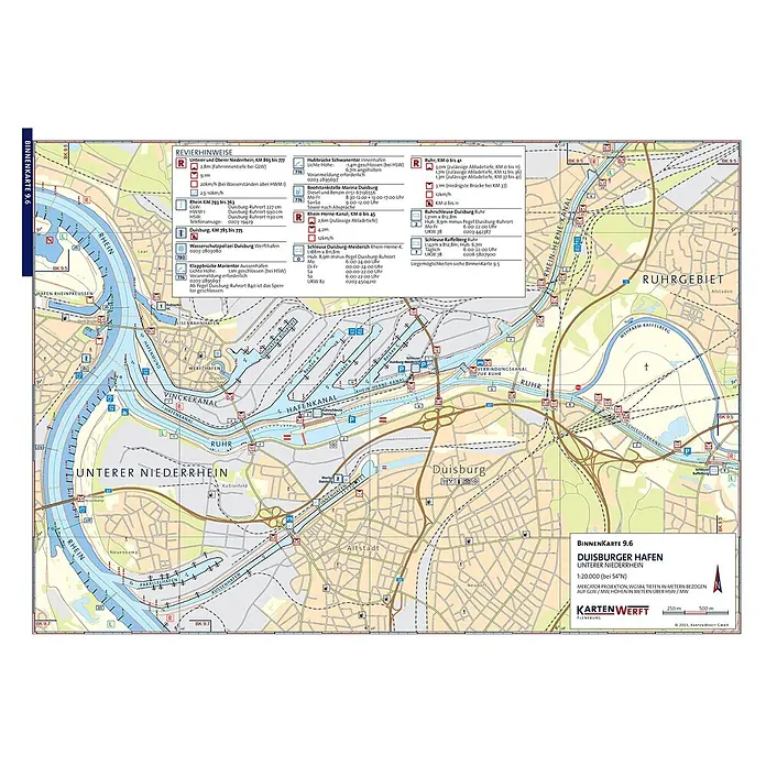 BinnenKarten Atlas 9 | Niederrhein und Ruhrgebiet -  - Binnenkarte 9.6 des Duisburger Hafens am Niederrhein mit Wasserwegen, Tiefen und Navigationsdetails.