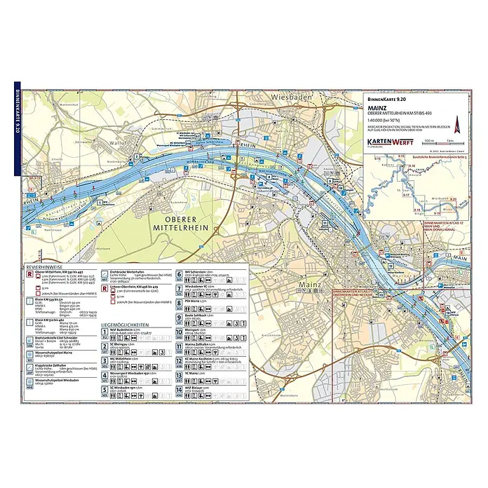 BinnenKarten Atlas 9 | Niederrhein und Ruhrgebiet -  - Farbige Binnenkarte des Oberen Mittelrheins mit Navigationsdetails, Städten wie Mainz und Wiesbaden und interessanten Punkten.