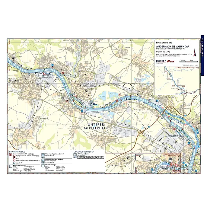 BinnenKarten Atlas 9 | Niederrhein und Ruhrgebiet -  - Detaillierte Binnenkarte des Rheins von Andernach bis Vallendar, zeigt Fahrrinne, Tiefen und umliegende Orte.