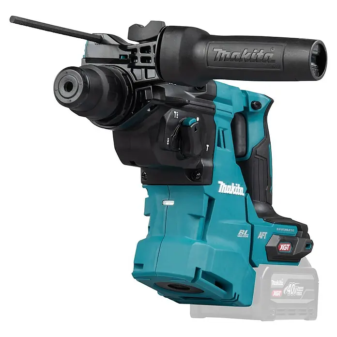 Makita XGT 40V max. Akku-Kombihammer HR011GZ - 40 V, Ohne Akku, 3,3 J - Makita Akku-Bohrhammer in Türkis und Schwarz mit Tiefenanschlag und Zusatzhandgriff, betrieben mit 40V XGT Akku.