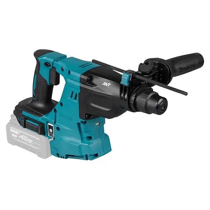 Makita XGT 40V max. Akku-Kombihammer HR011GZ - 40 V, Ohne Akku, 3,3 J - Türkis-schwarzer Makita XGT 40V Akku-Bohrhammer mit Seitenhandgriff und sichtbarem Akku.